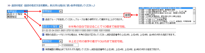 品目コードの直接指定、2桁,4桁,6桁,9桁を指定し、カンマ区切りで10まで指定可