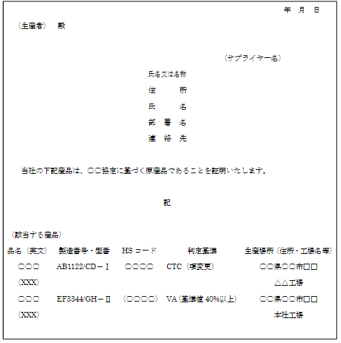 サプライヤー証明書英語サンプル 関税削減 Com Epa適用hsコード解説