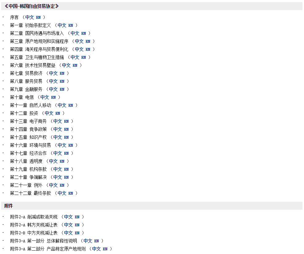 中国のFTA特恵関税率、中国語と英語の協定文